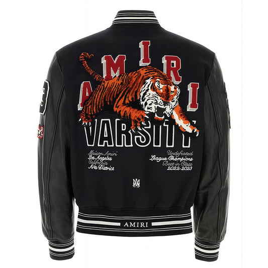 AMIRI Appliquéd Embroidered Wool-Blend Twill and Leather Varsity Jacket