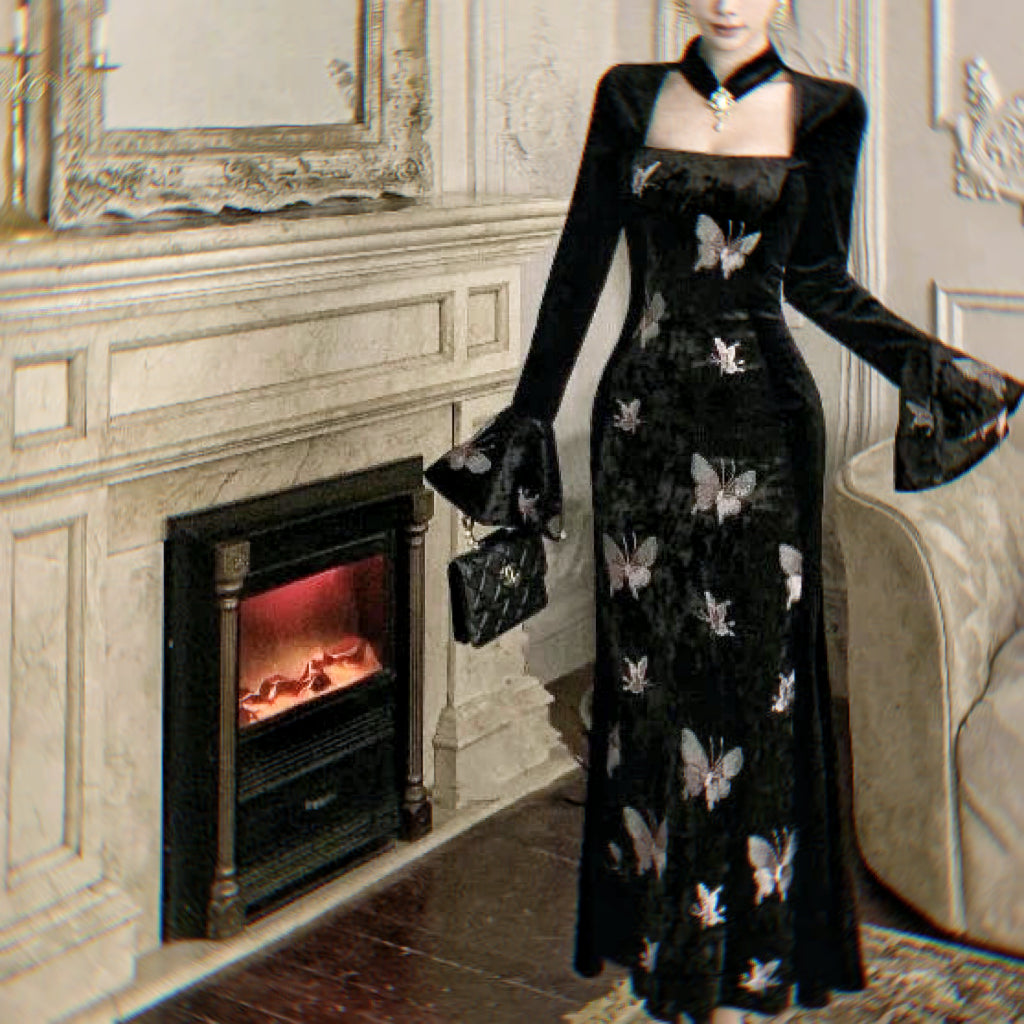2-Piece Dark Fairy Butterfly Embroidered Velvet Dress with Choker
