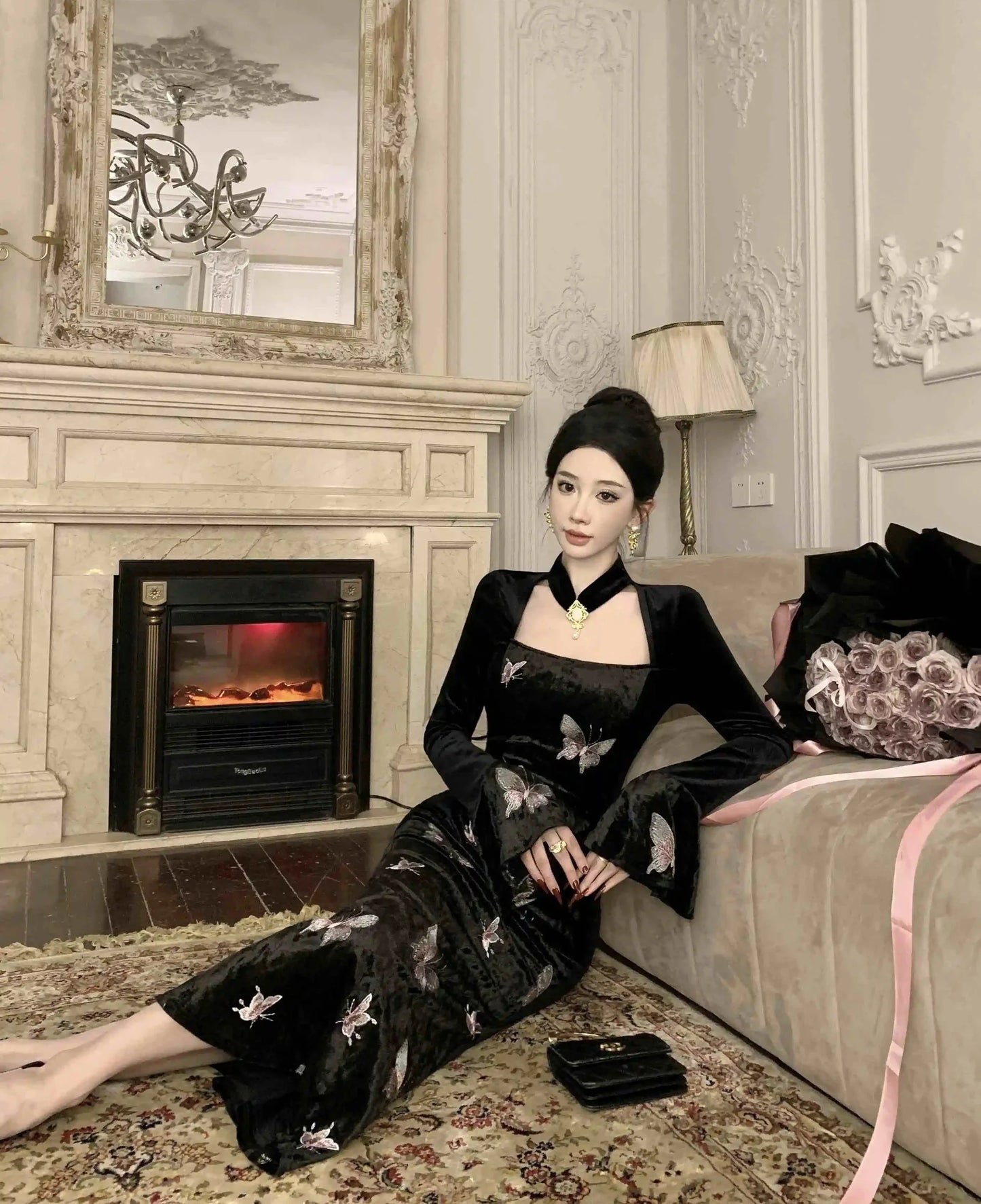 2-Piece Dark Fairy Butterfly Embroidered Velvet Dress with Choker