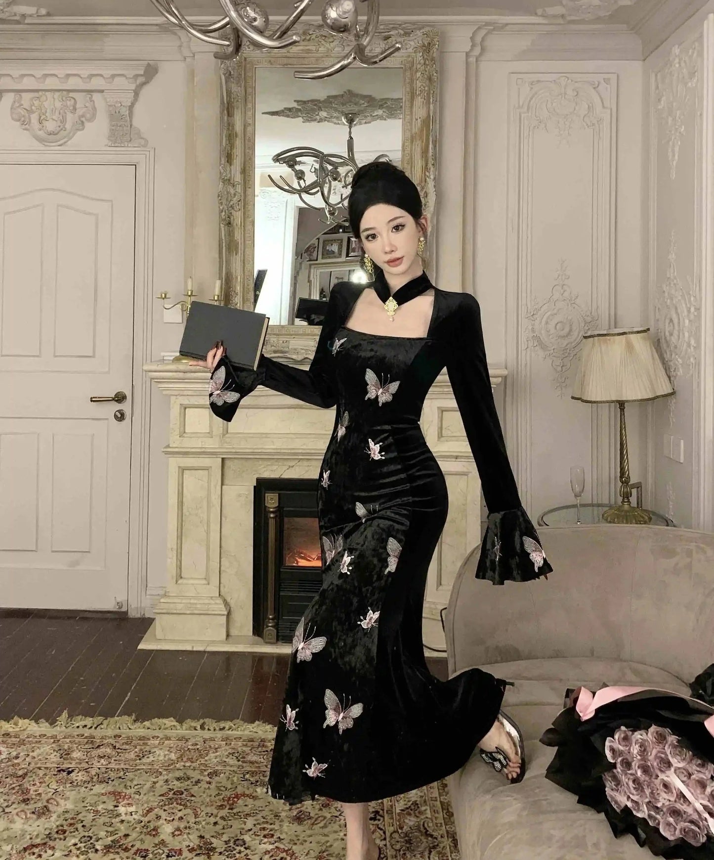 2-Piece Dark Fairy Butterfly Embroidered Velvet Dress with Choker