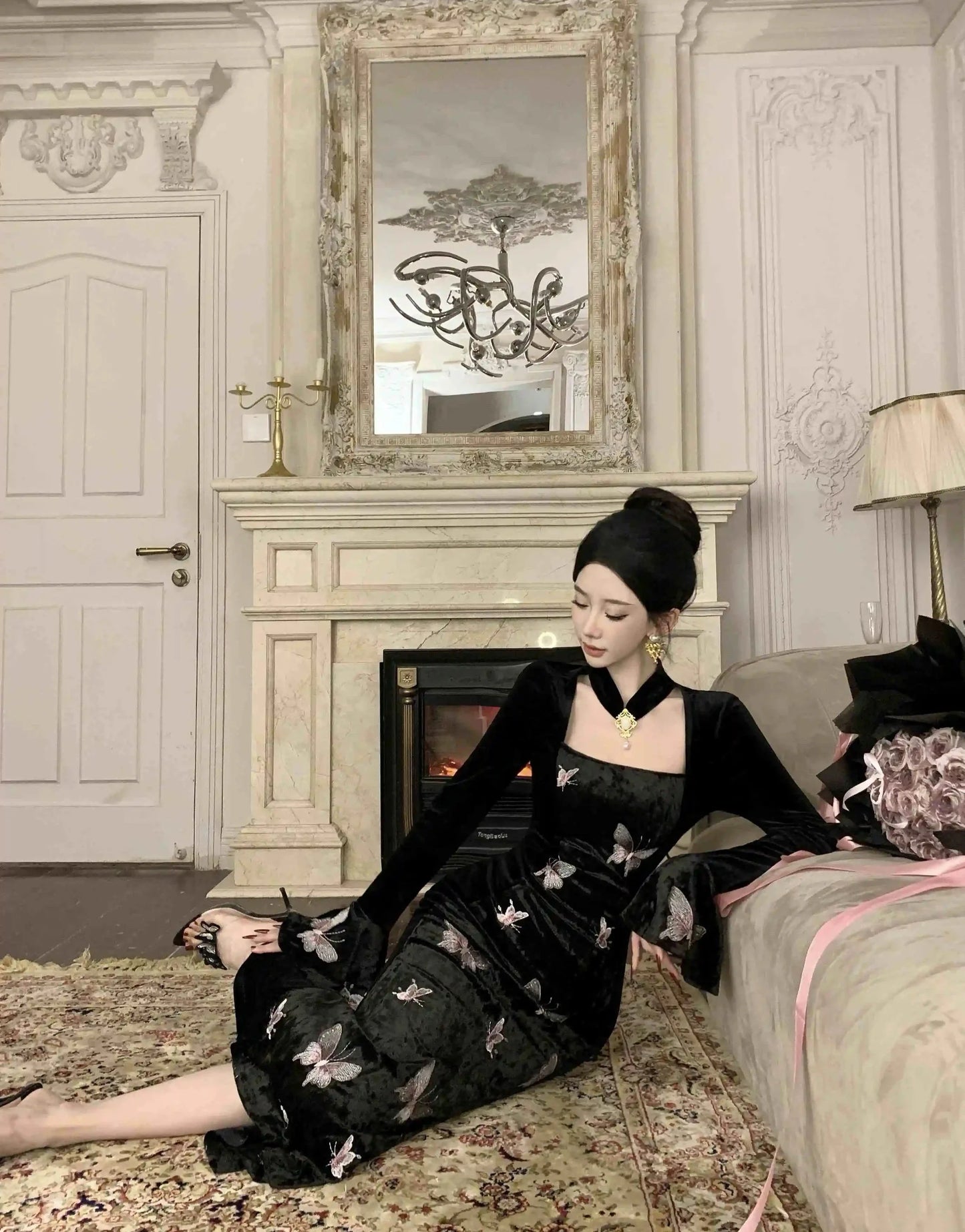 2-Piece Dark Fairy Butterfly Embroidered Velvet Dress with Choker