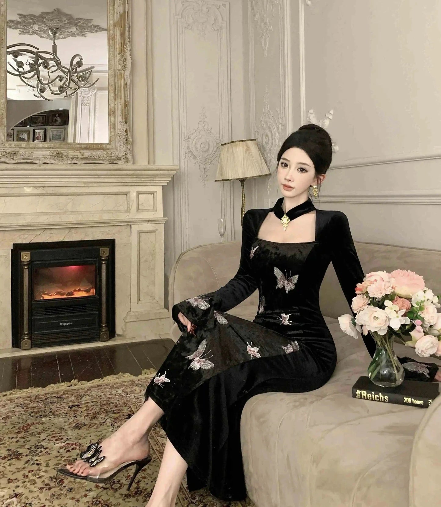 2-Piece Dark Fairy Butterfly Embroidered Velvet Dress with Choker