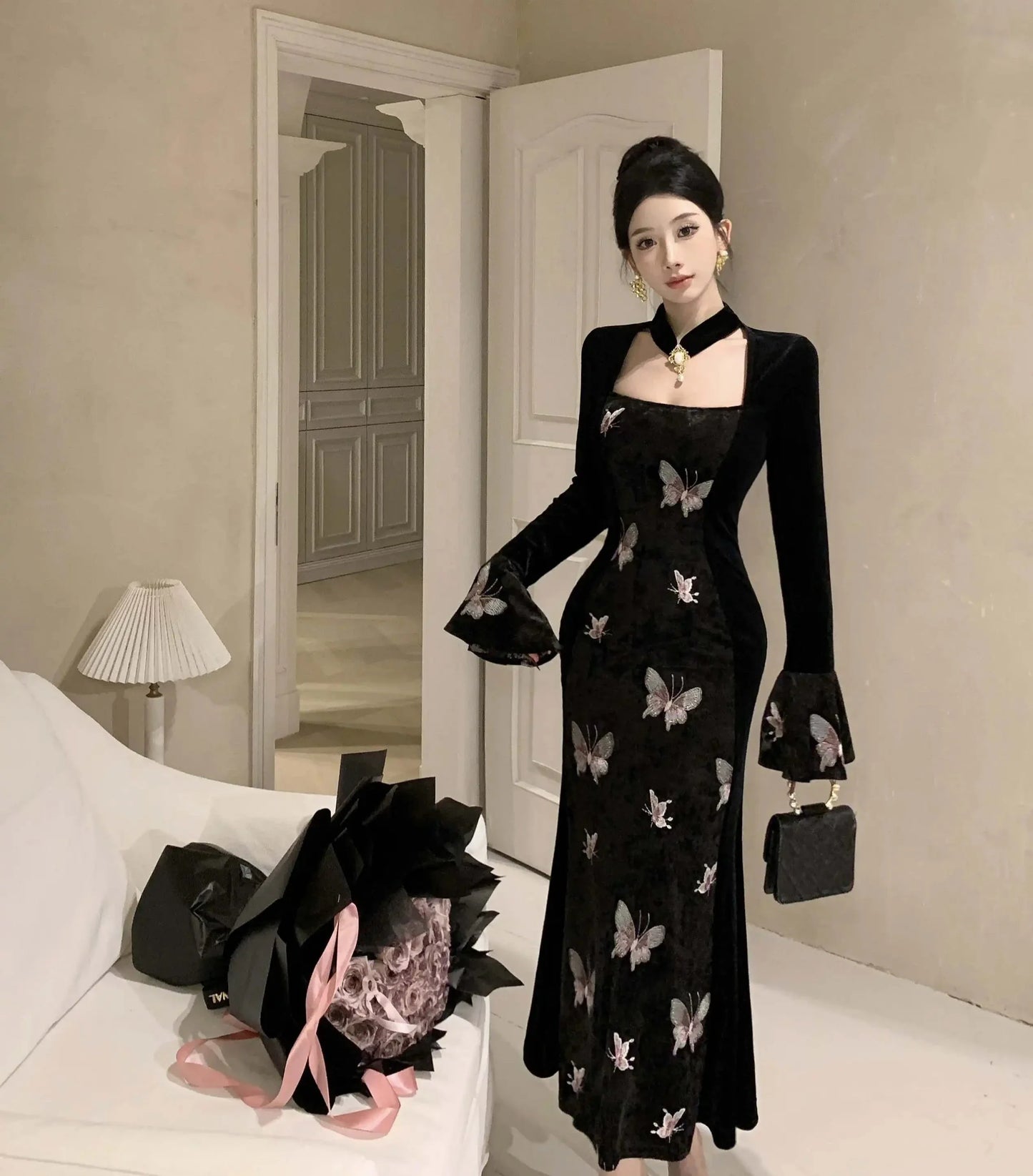 2-Piece Dark Fairy Butterfly Embroidered Velvet Dress with Choker