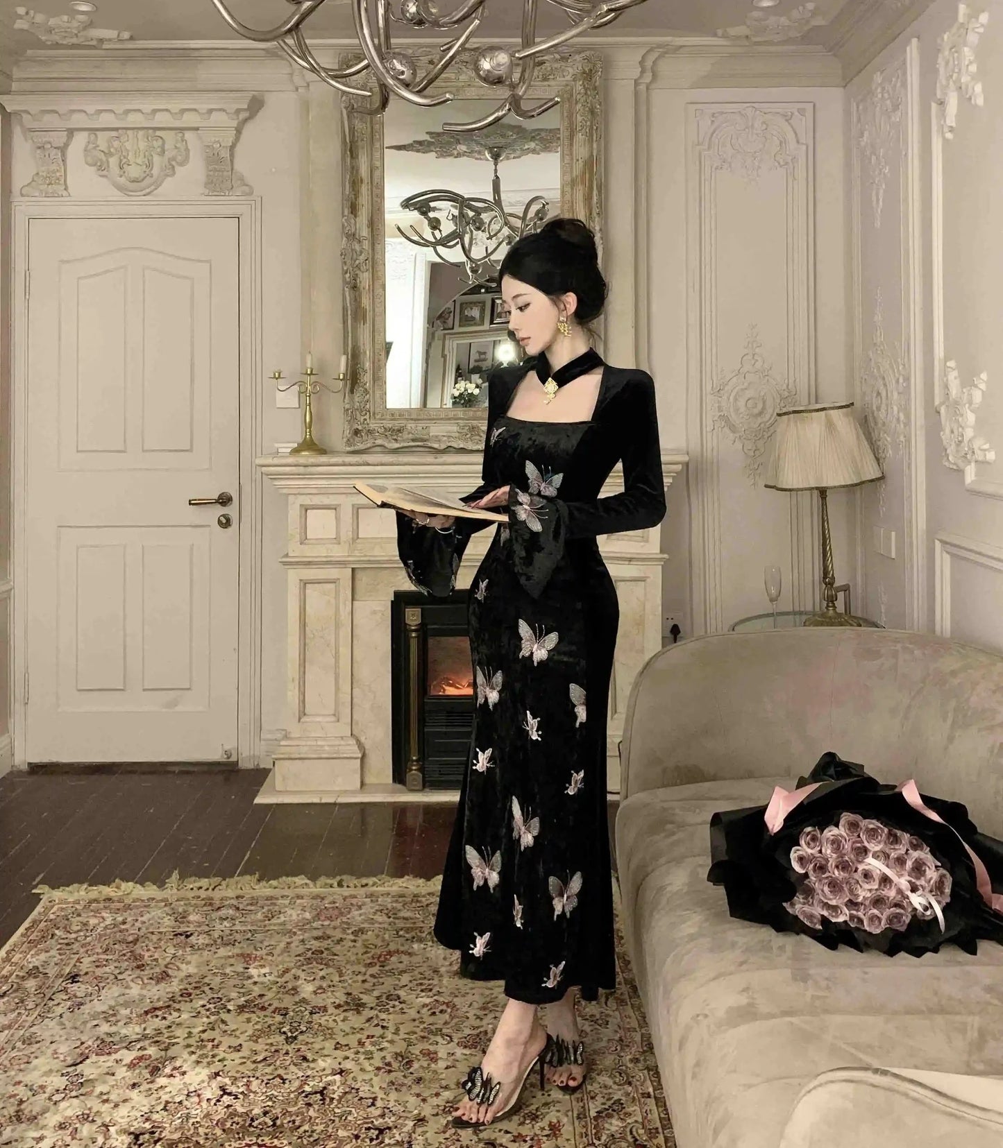 2-Piece Dark Fairy Butterfly Embroidered Velvet Dress with Choker