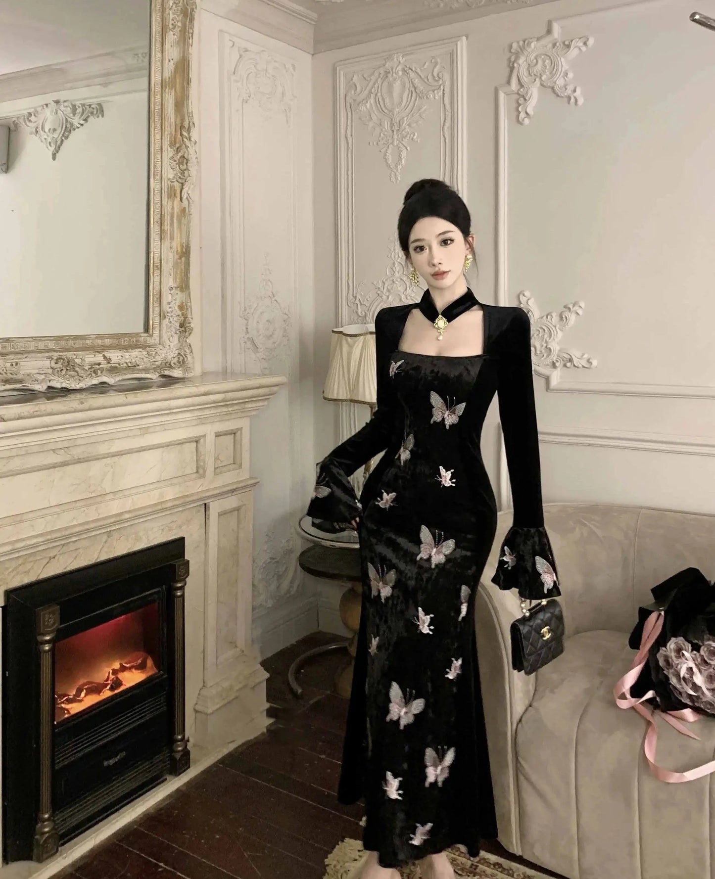 2-Piece Dark Fairy Butterfly Embroidered Velvet Dress with Choker