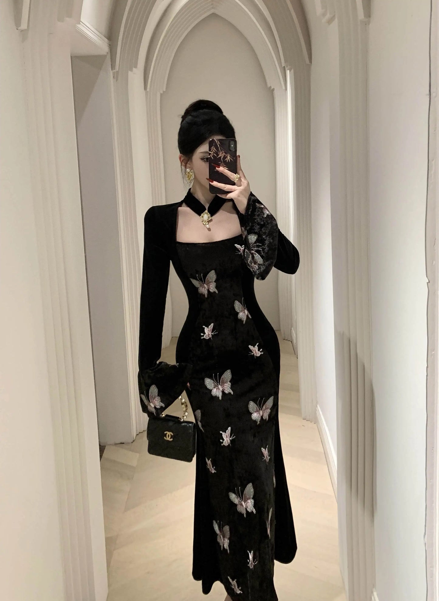 2-Piece Dark Fairy Butterfly Embroidered Velvet Dress with Choker