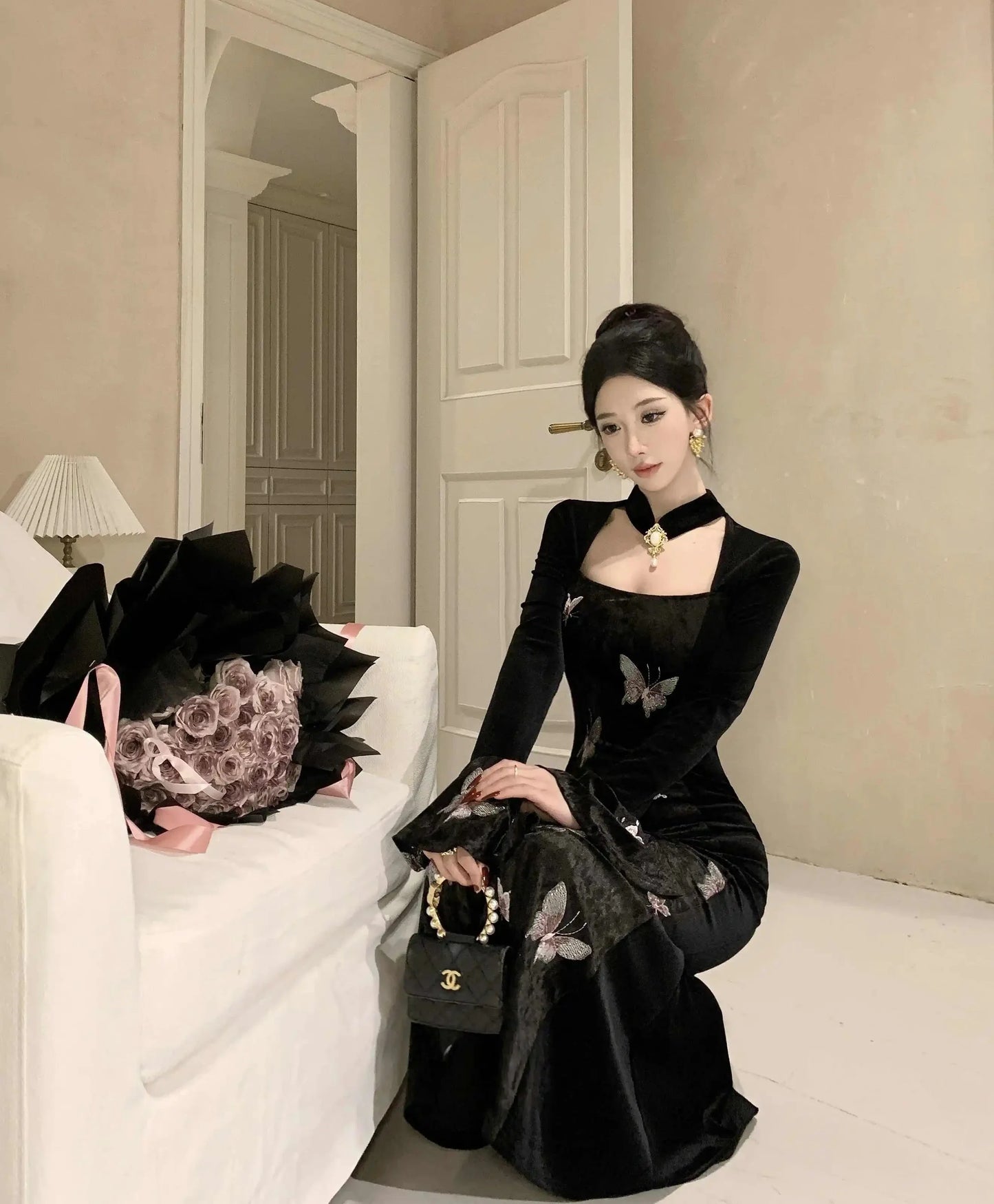 2-Piece Dark Fairy Butterfly Embroidered Velvet Dress with Choker