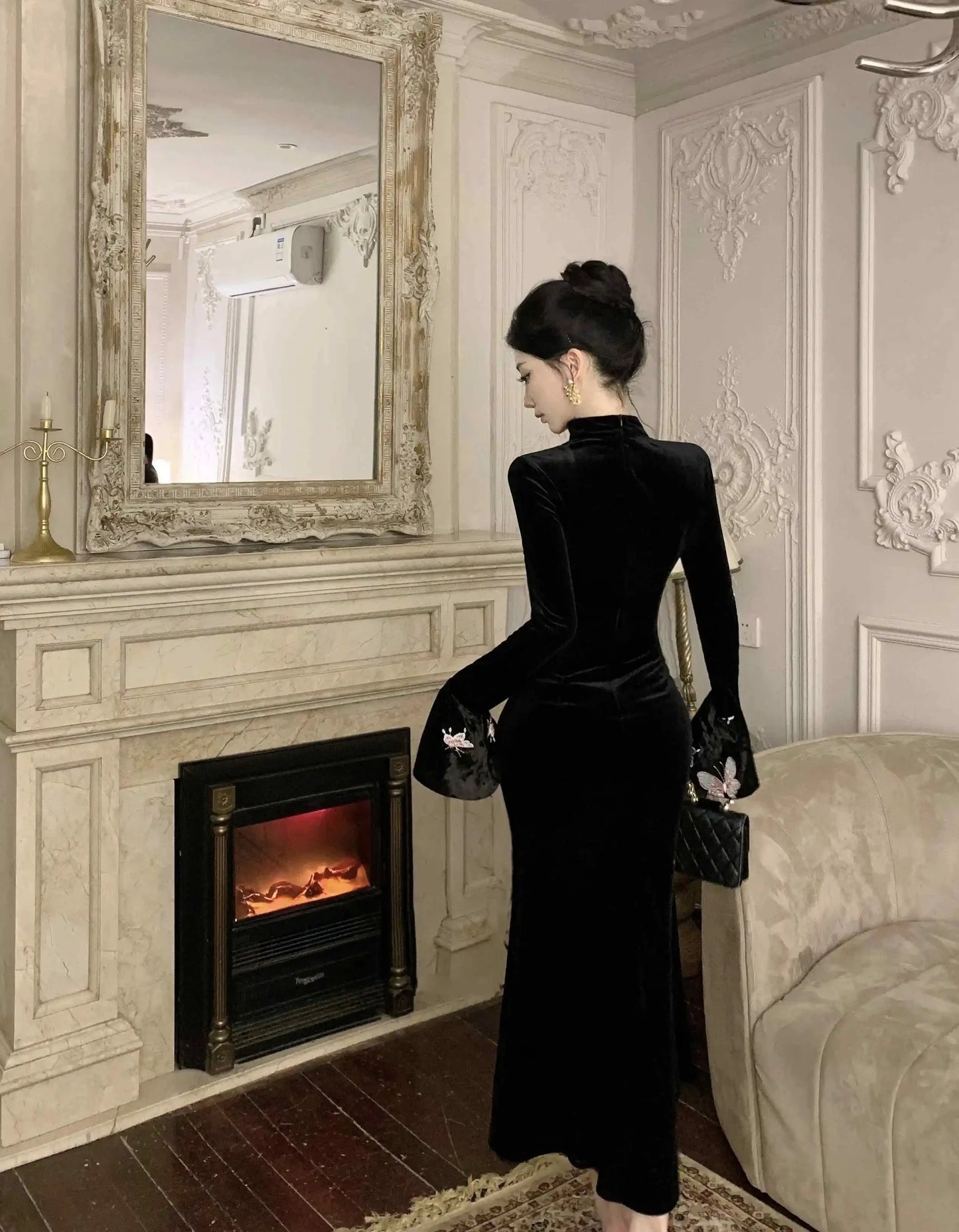 2-Piece Dark Fairy Butterfly Embroidered Velvet Dress with Choker