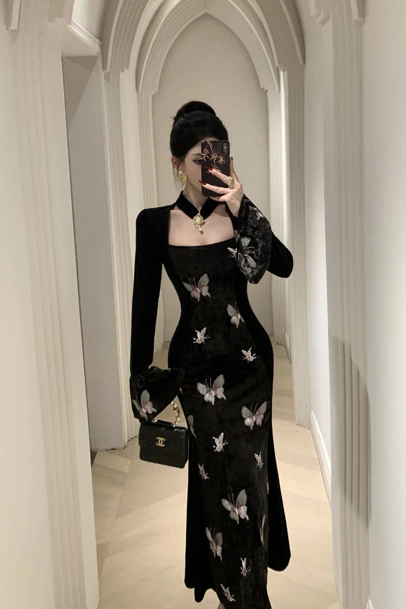 2-Piece Dark Fairy Butterfly Embroidered Velvet Dress with Choker